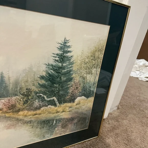 WOODED NATURE FOREST BRIDGE ART PAINTING PRINT GOLD FRAMED 24 x 20.5 - Picture 6 of 8